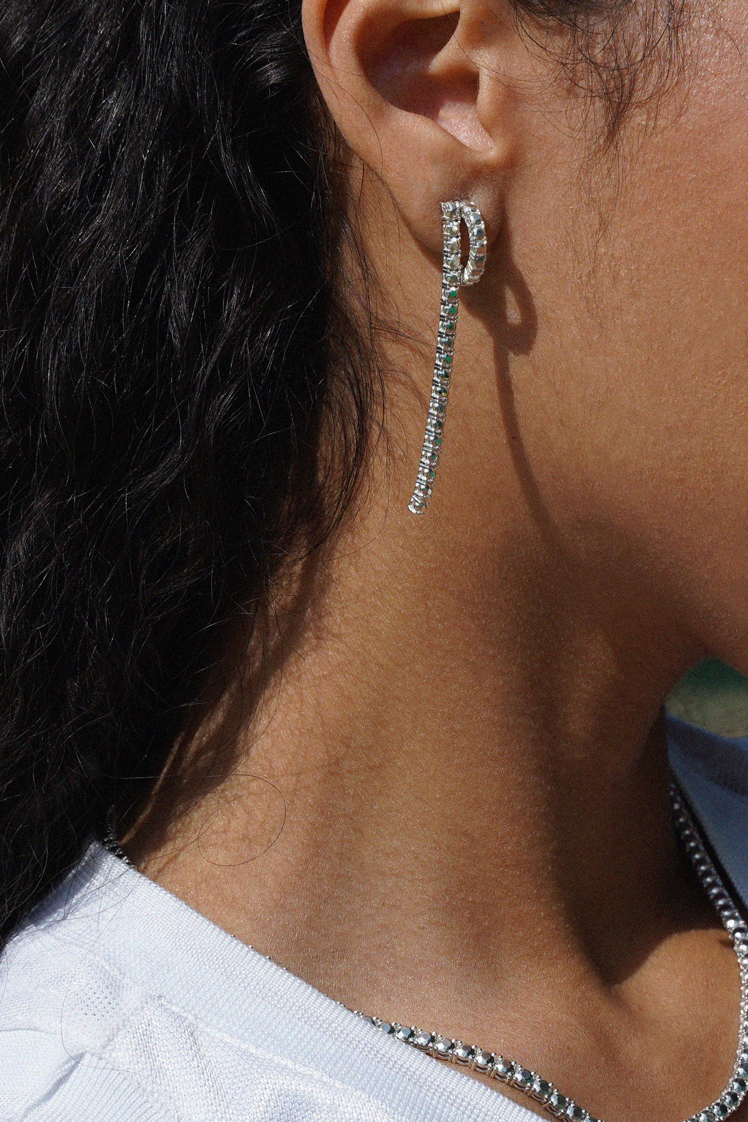 SILVER DIAMOND TENNIS DROP EARRINGS