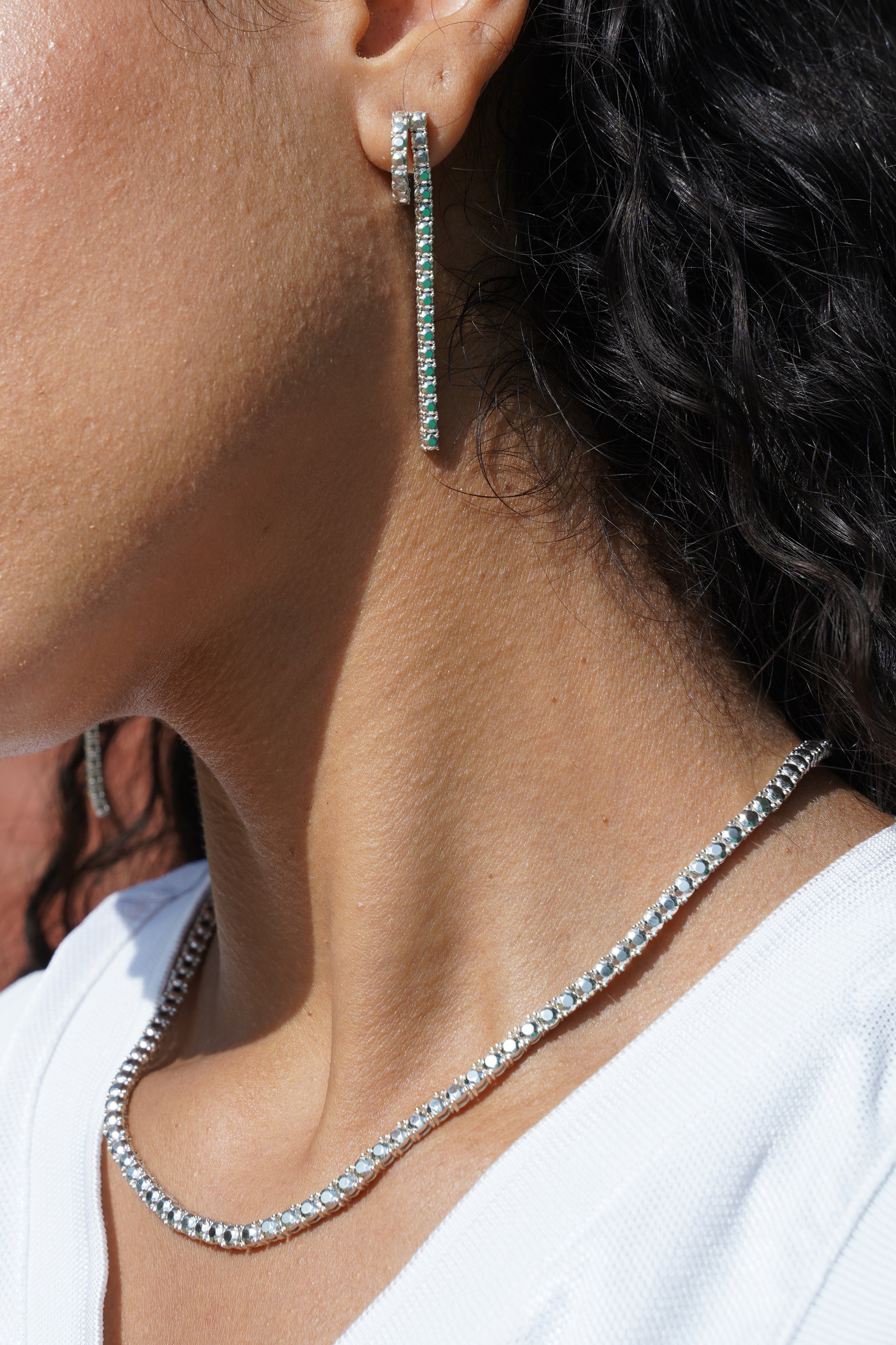 SILVER DIAMOND TENNIS DROP EARRINGS